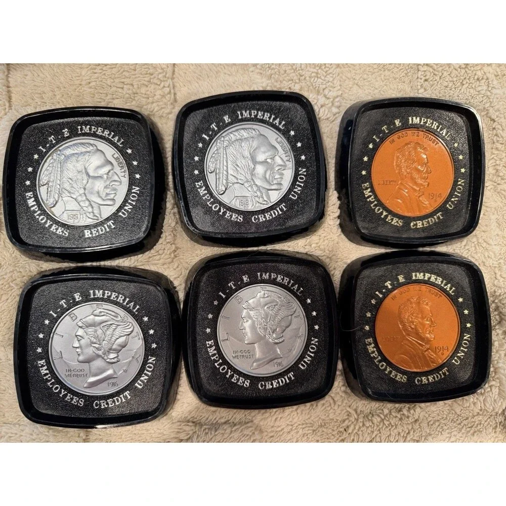 6 Piece Vintage Plastic Coin Medallion Credit Union Coaster Set